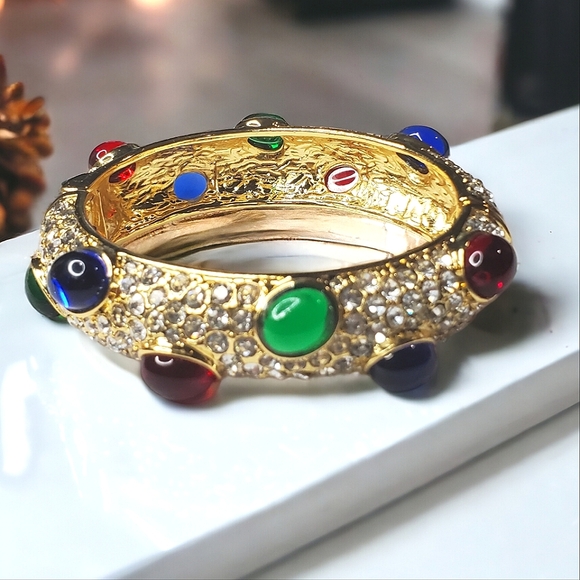 Chunky Mogul Glass Cabochon Pave Zircon Crystal Bangle Clamper Hinged Bracelet - Picture 1 of 5